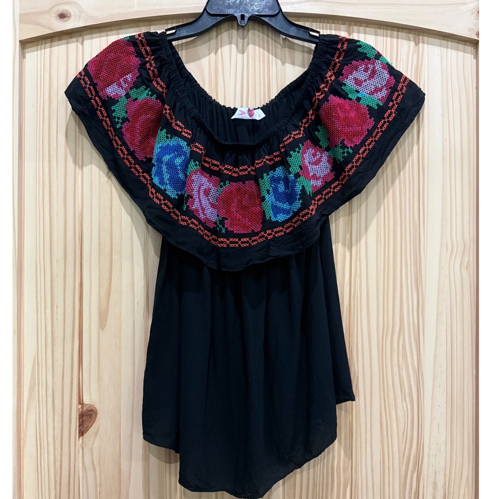 Buddy Love Black Floral Embroidered Off Shoulder Ruffle Rayon Blouse Small